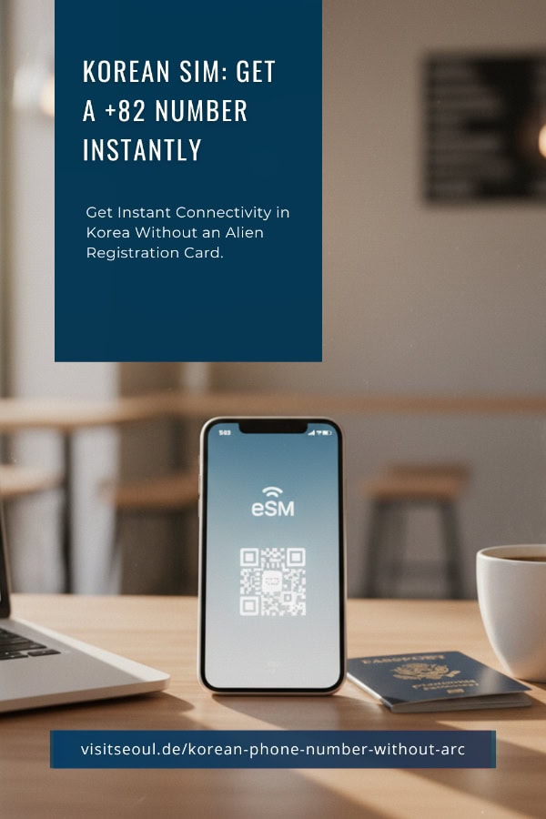 Smartphone with eSIM QR code next to passport and coffee – ARC-free Korean SIM with real +82 phone number